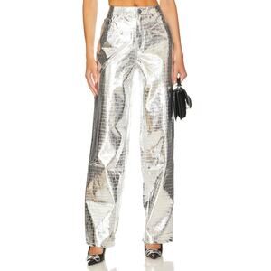AFRM Marshall Wide Jeans Silver Metallic Zipper Button Pocket High Rise Sz 28